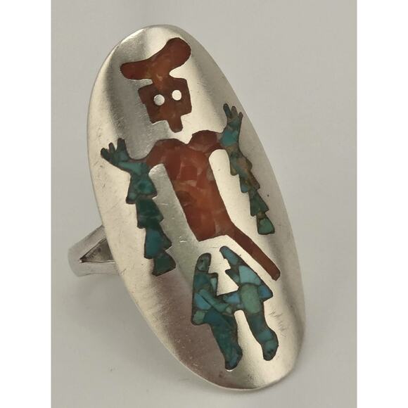 Kokopelli turquoise chips sterling silver Ring Native American Size 9